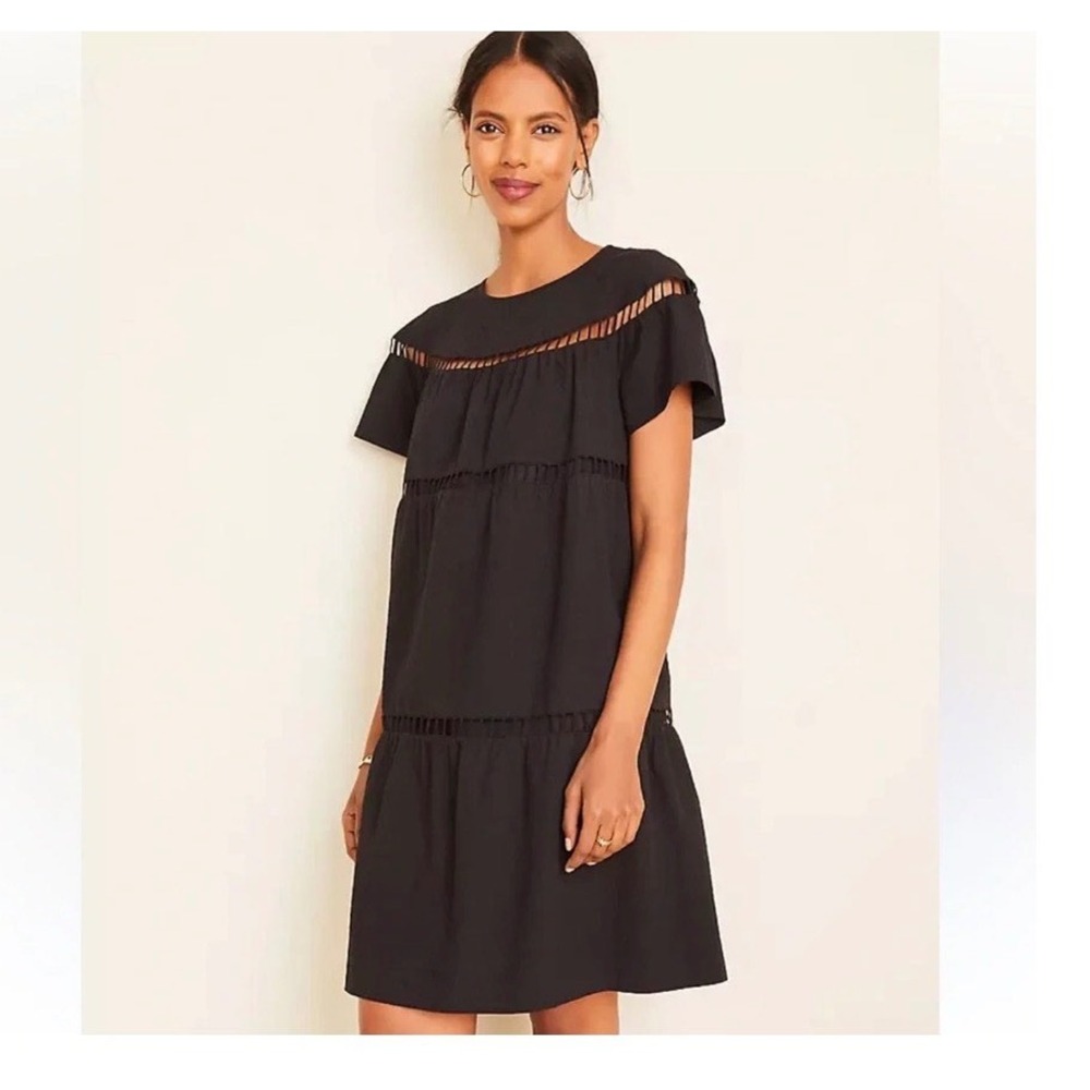 Ann‎ Taylor Black Dobby Tiered Shift Dress Ladder Stitch Openwork Womens Size M